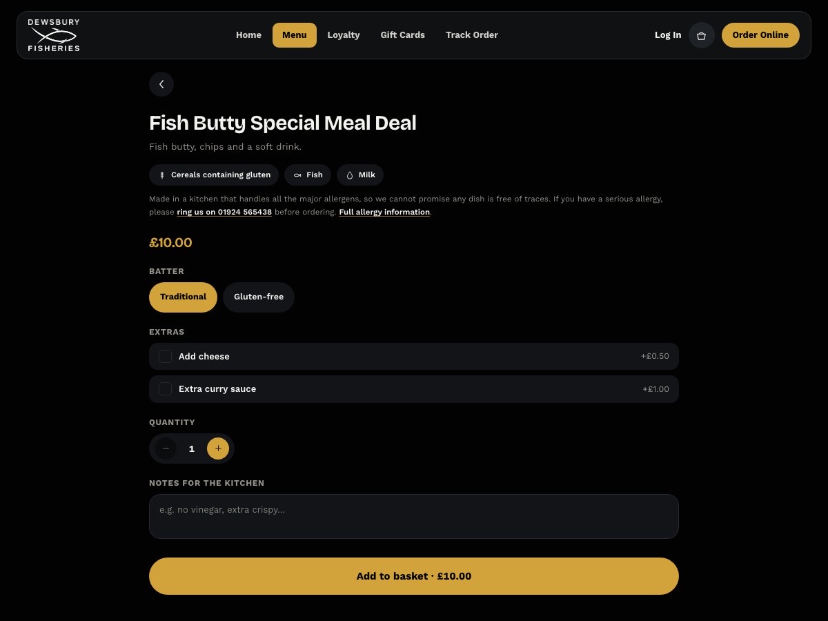 A menu item on Dewsbury Fisheries, showing allergens, batter choice, extras and a note for the kitchen.