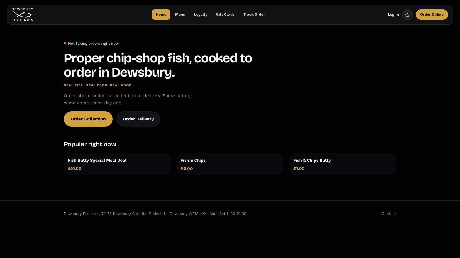 The Dewsbury Fisheries home page, with collection and delivery buttons and the popular items.