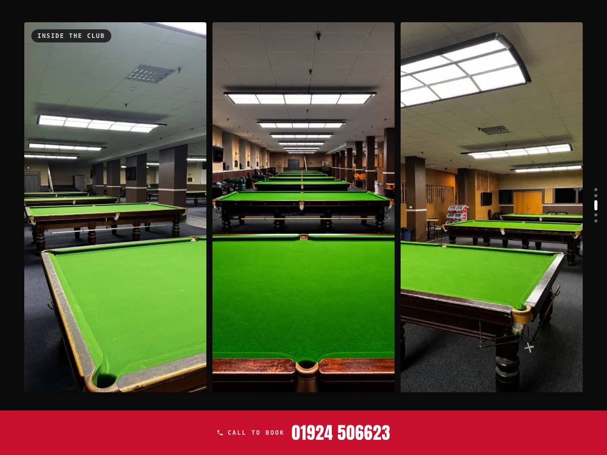 Photographs of the snooker room and its tables.