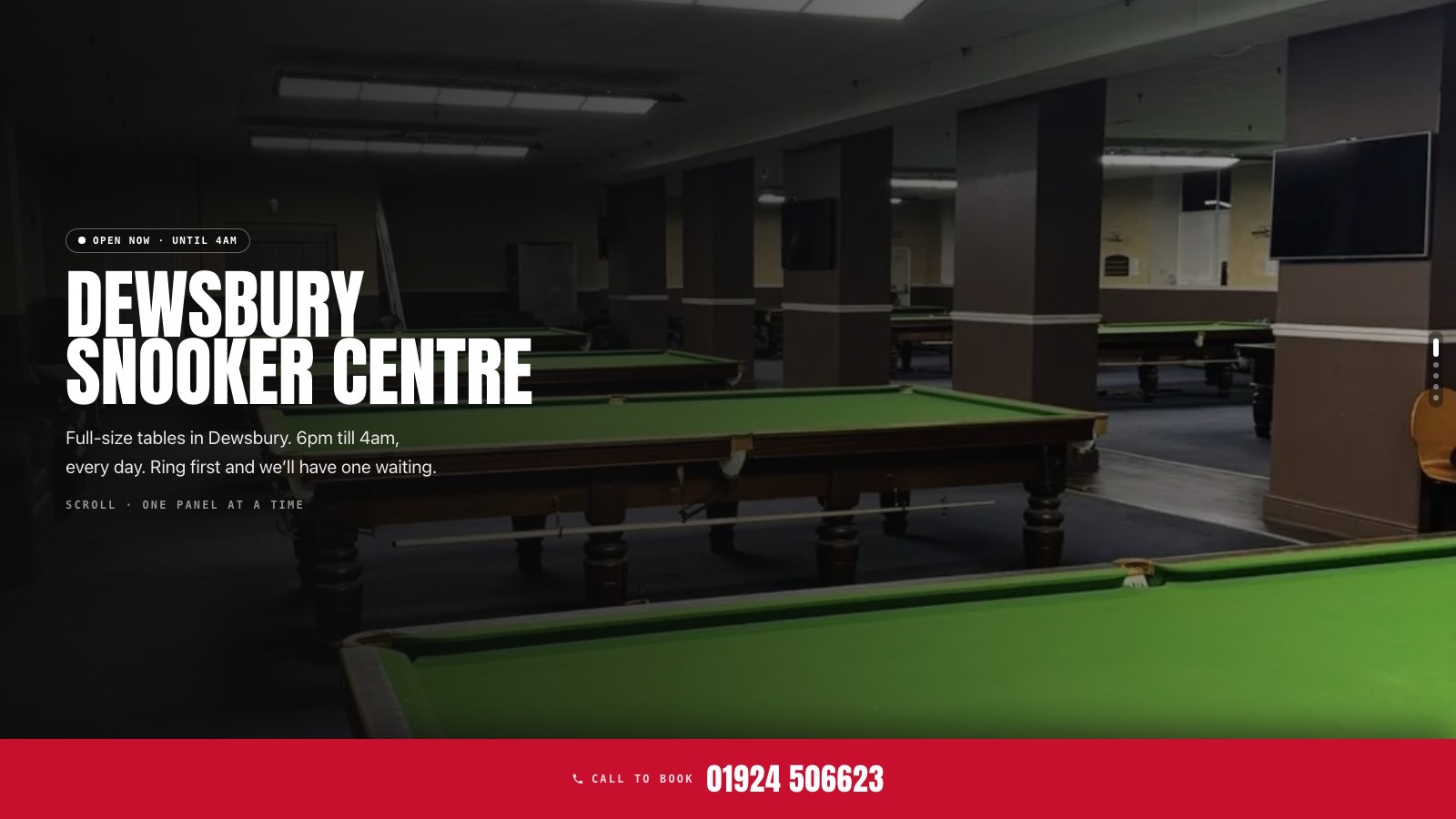 The Dewsbury Snooker Centre home page, showing the room and the call to book bar.