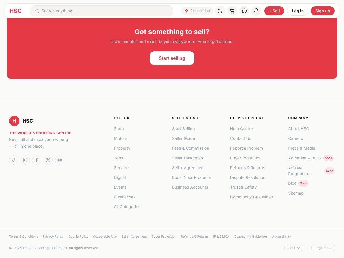 The seller prompt and footer navigation on Home Shopping Centre.