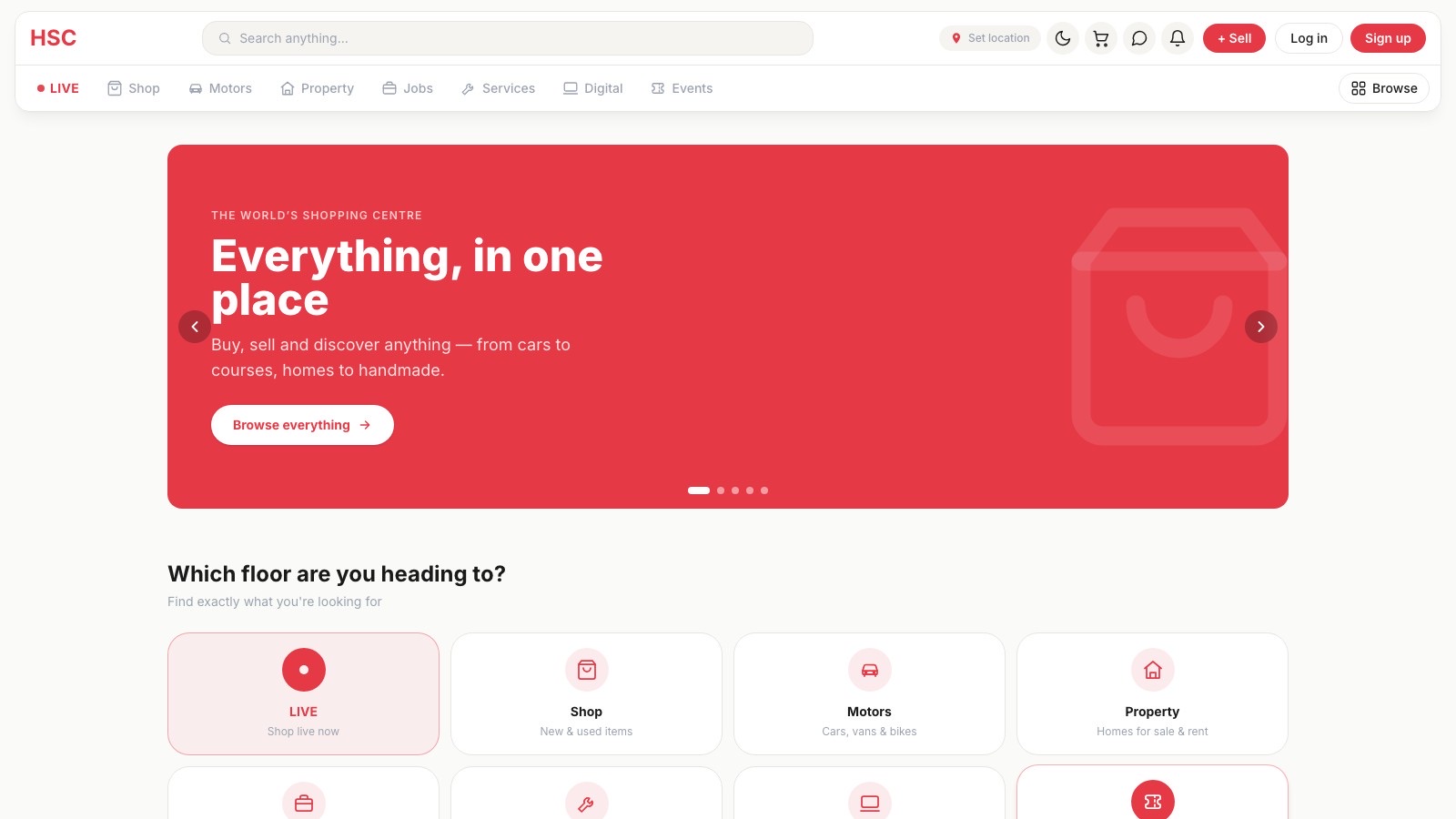 The Home Shopping Centre home page, with the search bar, the eight department tabs and a promoted banner.