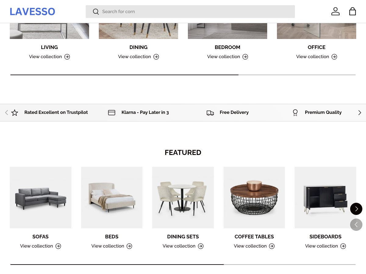 Room categories and featured products on LAVESSO.