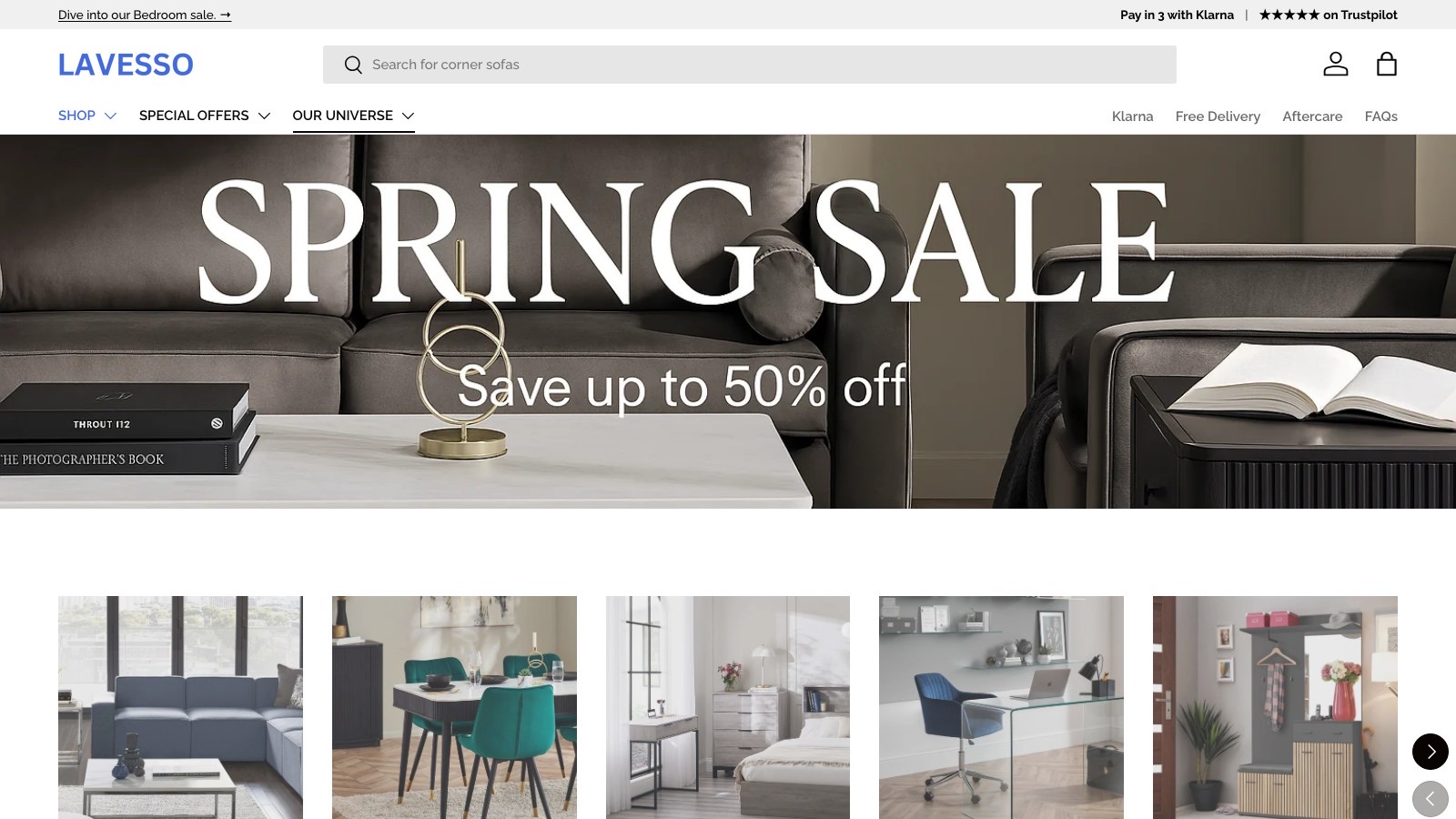 The LAVESSO storefront, showing the seasonal banner and the room categories.