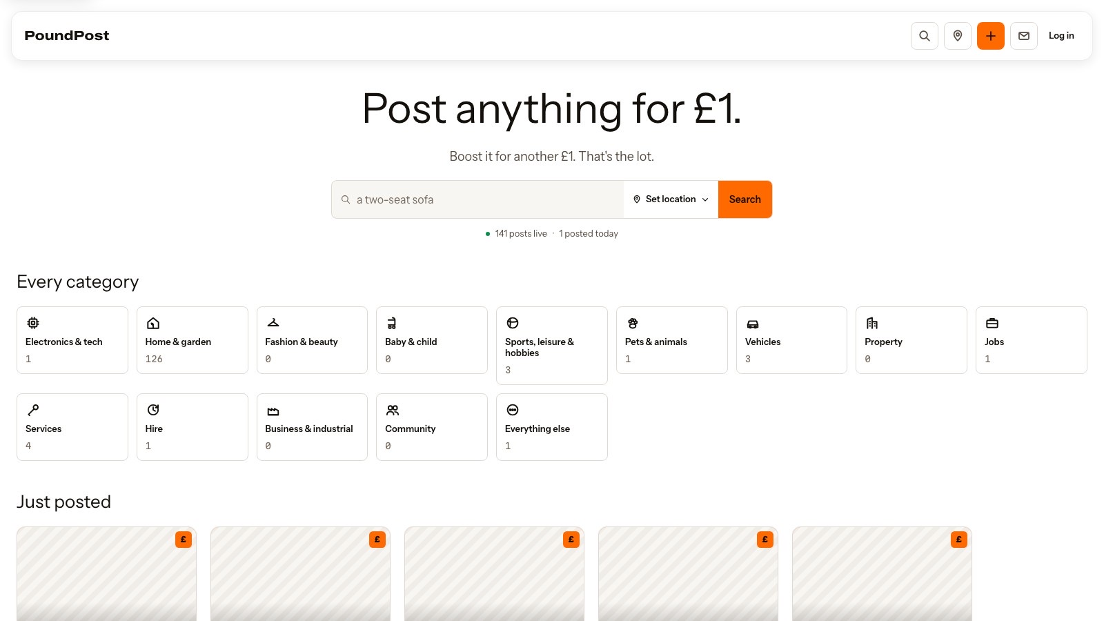 The PoundPost home page, with the one pound posting headline and the category grid.