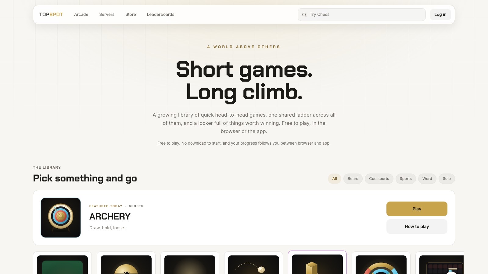 The TOP SPOT home page, showing the games library and the featured game.